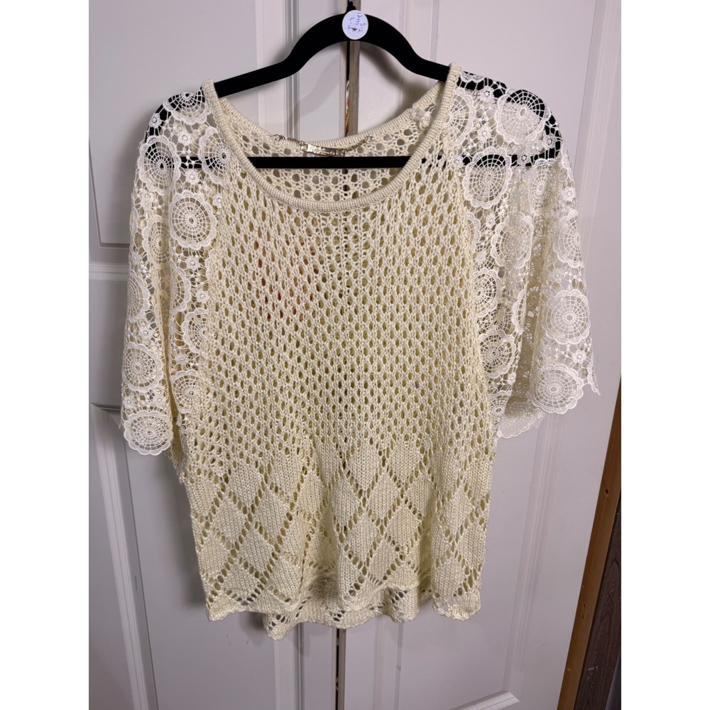 LA Coalition Cream Open Knit Crochet Lace Sleeve Sweater Top Small NWT